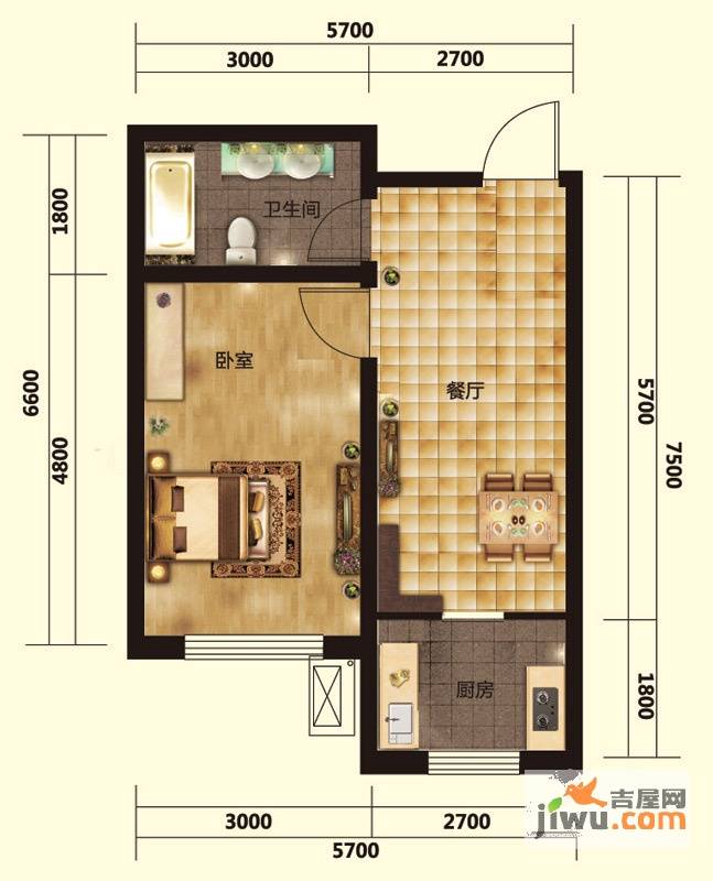 御景名家1室1厅1卫53.9㎡户型图