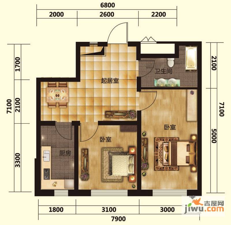 御景名家2室1厅1卫61.4㎡户型图