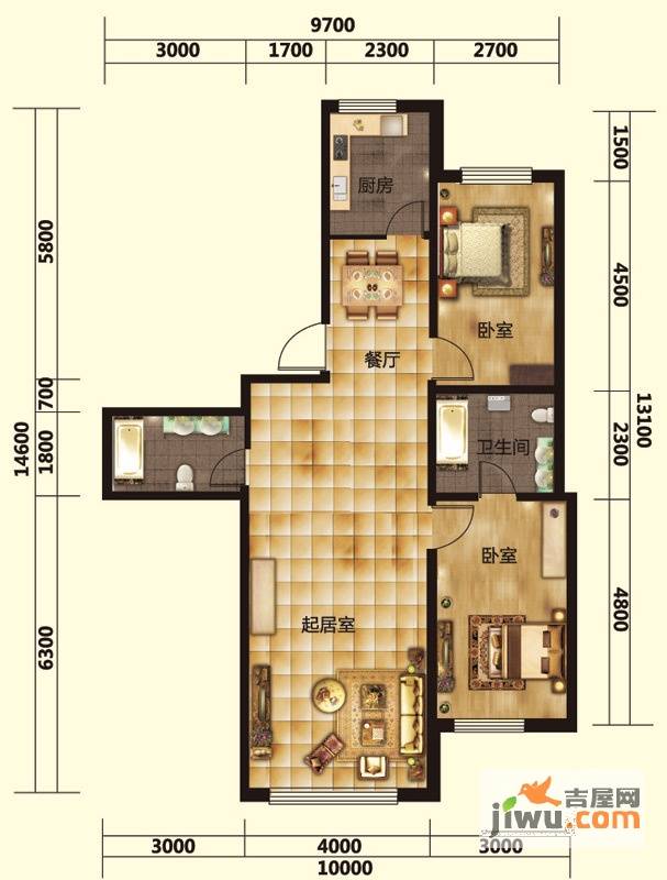 御景名家2室2厅2卫121.1㎡户型图