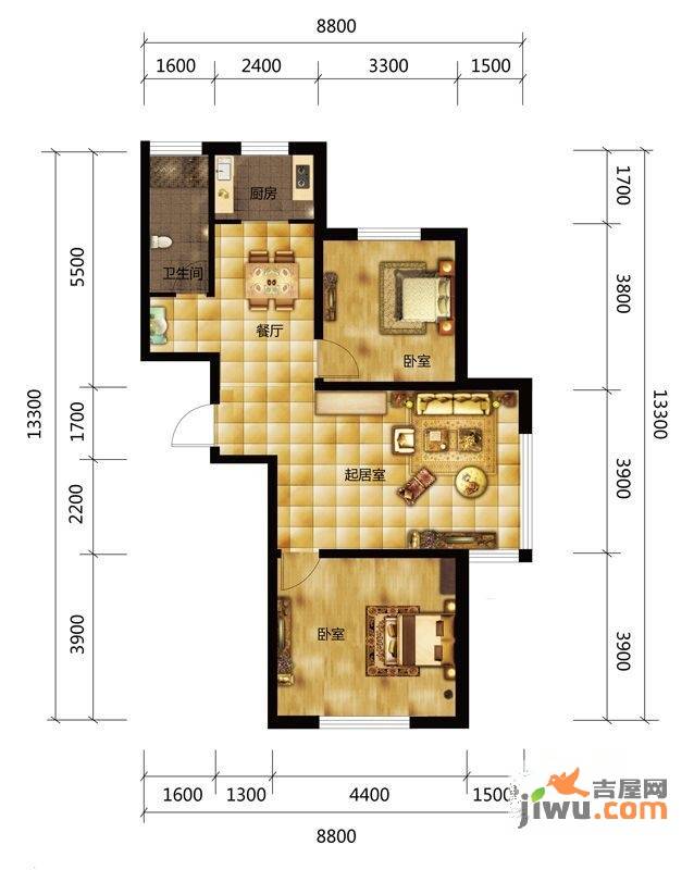 御景名家2室2厅1卫92.9㎡户型图