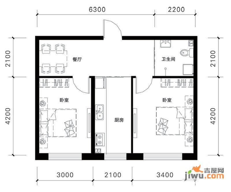 虹景阁2室1厅1卫55㎡户型图