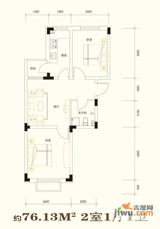 尊誉东方2室1厅1卫76.1㎡户型图