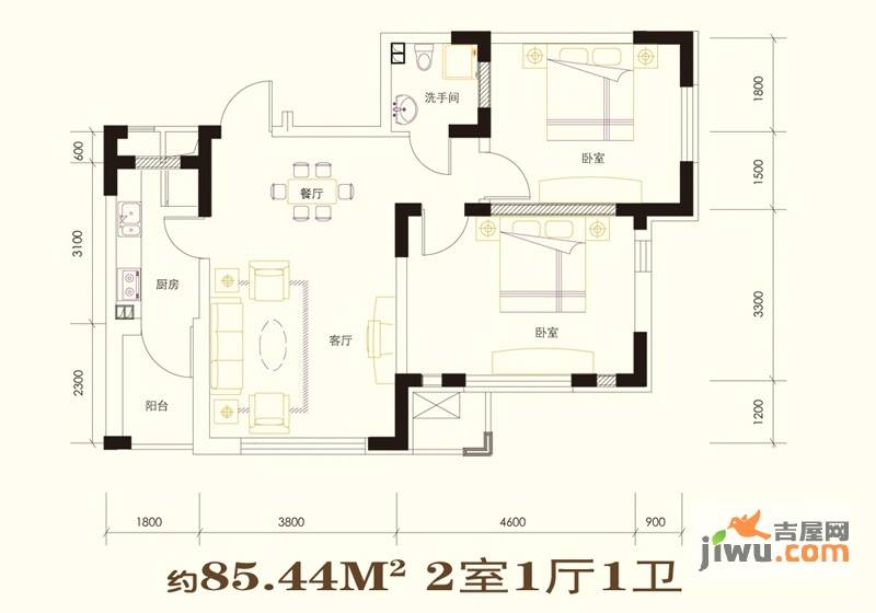 尊誉东方2室1厅1卫76.1㎡户型图