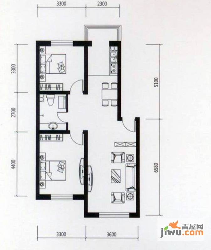 龙城富苑2室2厅1卫74.7㎡户型图