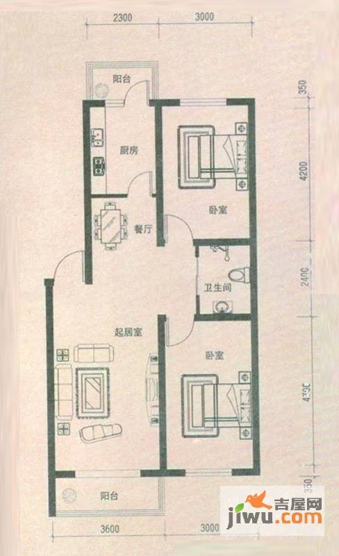 望博园2室2厅1卫88.3㎡户型图