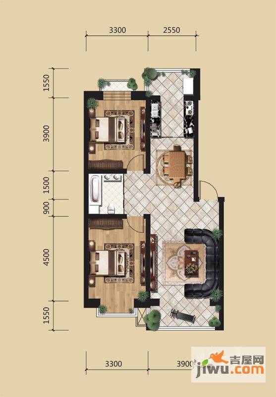 荣发时代新城2室2厅1卫91.2㎡户型图