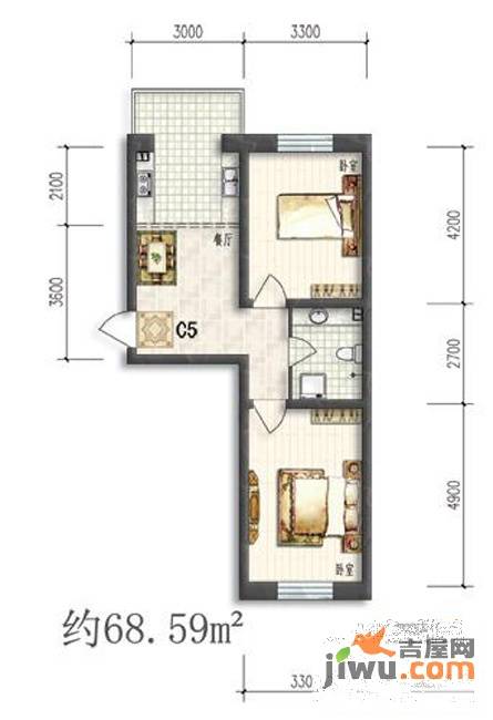 华亨名城2室1厅1卫68.6㎡户型图
