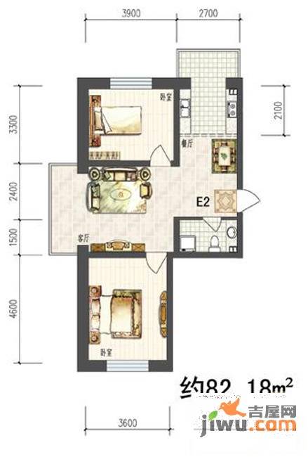 华亨名城2室2厅1卫82.2㎡户型图