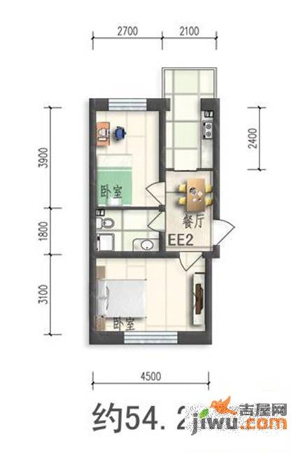 华亨名城2室1厅1卫54.3㎡户型图
