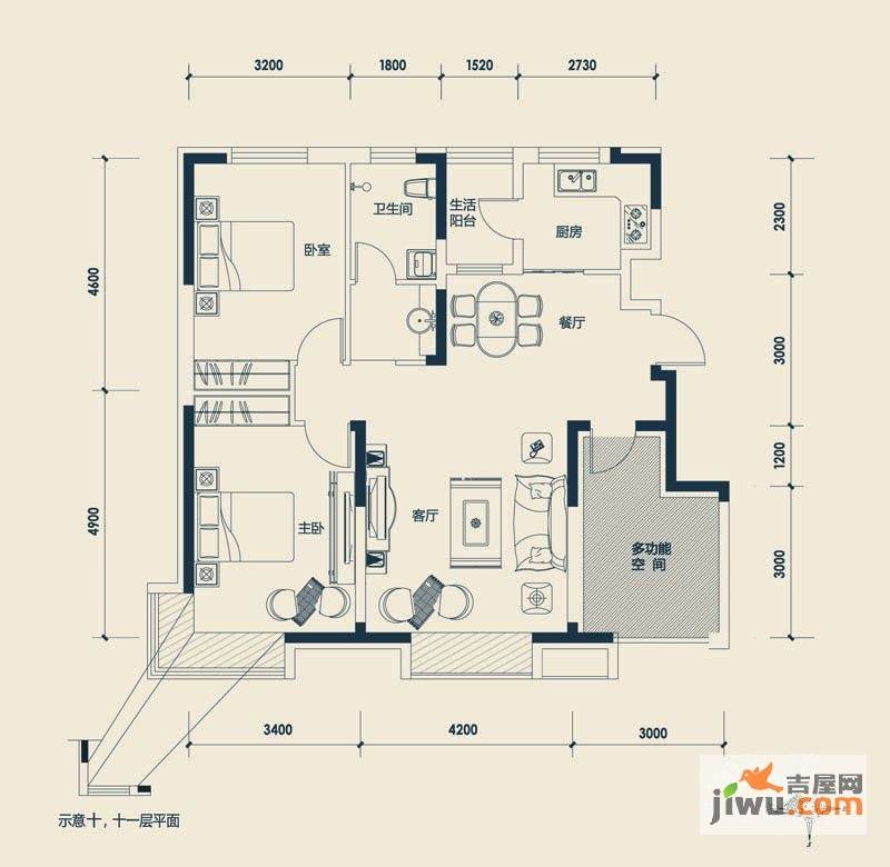 益田御水丹堤B区2室2厅1卫107㎡户型图