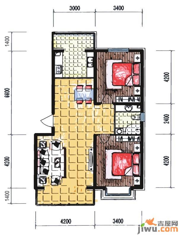 吴中印象2室2厅1卫104.3㎡户型图