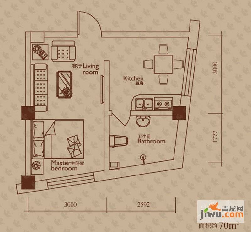 中毫泓泰公馆1室1厅1卫70㎡户型图