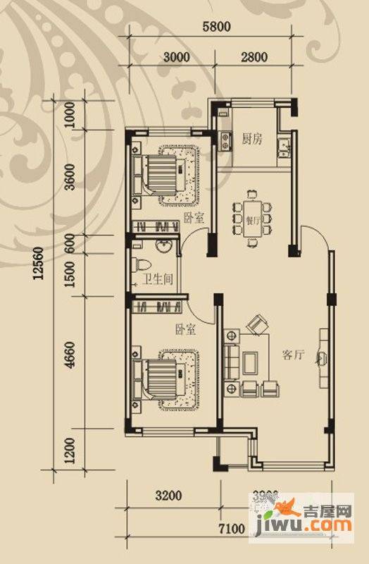 金越逸墅蓝湾2室2厅1卫85.4㎡户型图