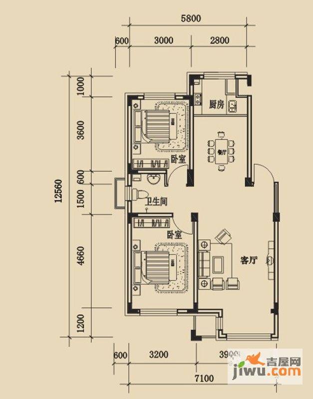 金越逸墅蓝湾2室2厅1卫86.1㎡户型图