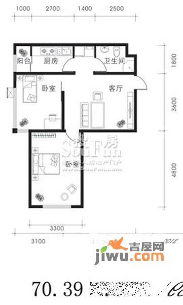 北方尚品2室1厅1卫72.5㎡户型图