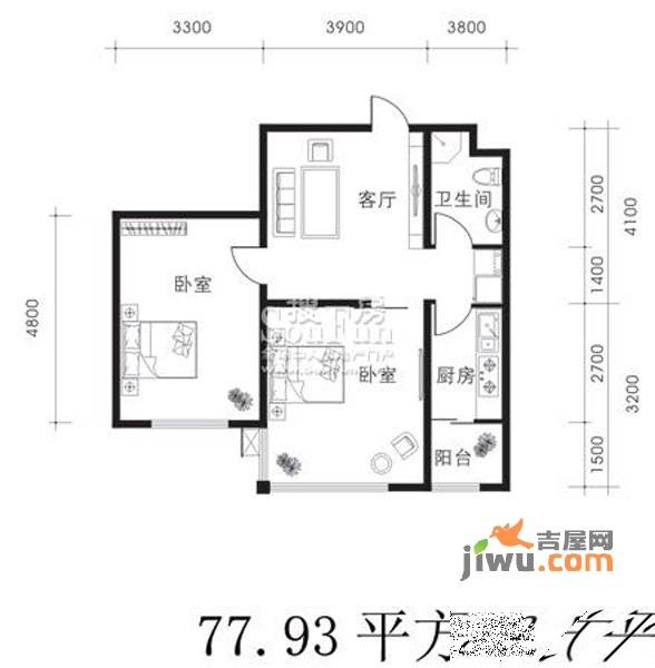 北方尚品2室1厅1卫77.9㎡户型图