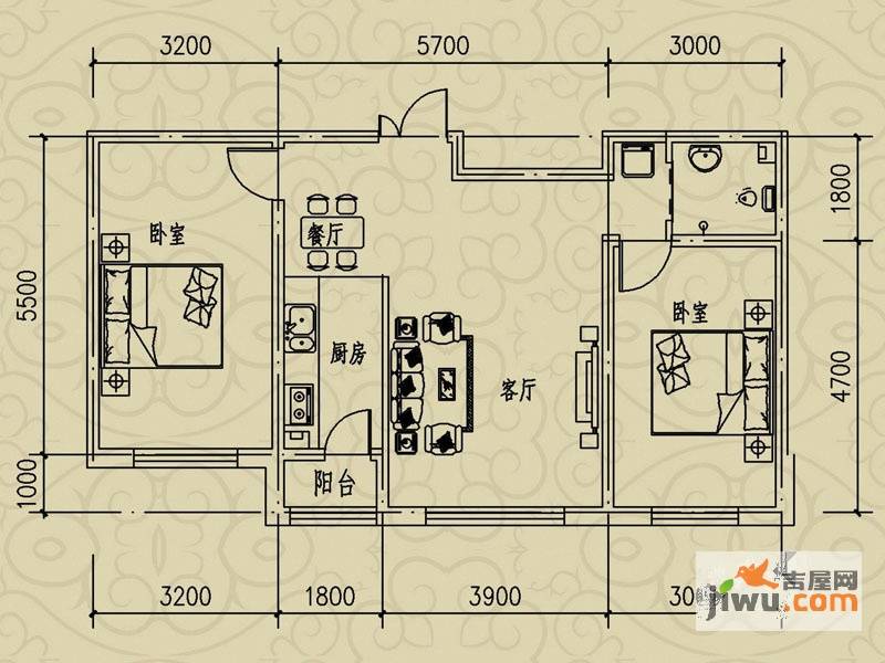 新星宇福苑2室1厅1卫87㎡户型图