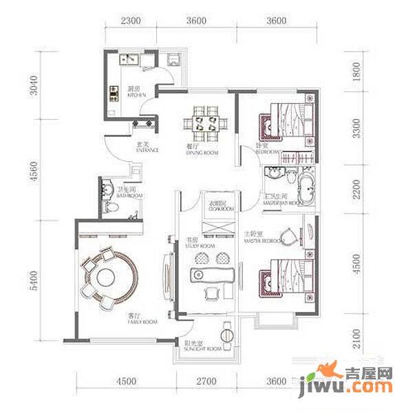 新奥蓝城2室2厅1卫134.5㎡户型图