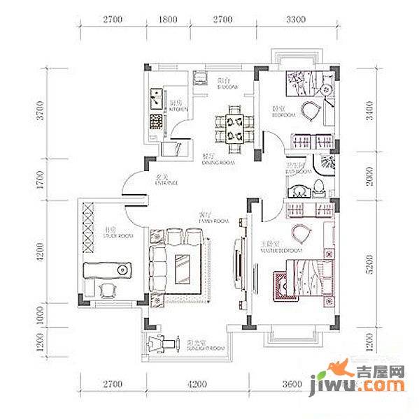 新奥蓝城3室2厅1卫116.6㎡户型图