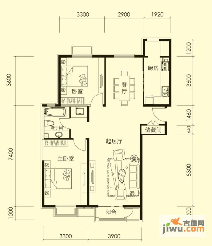 新奥蓝城2室2厅1卫113.4㎡户型图