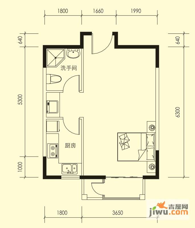 新奥蓝城1室1厅1卫47.6㎡户型图