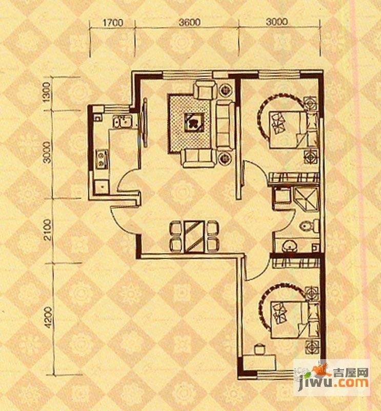 万晟爱琴海一期2室2厅1卫64㎡户型图