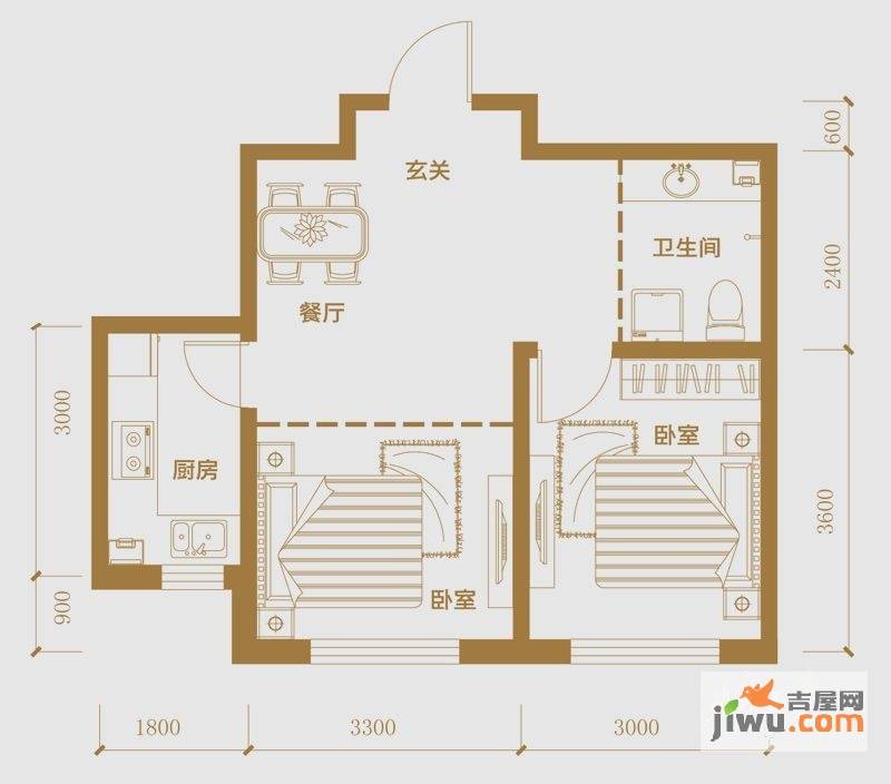 多恩虹郡2室1厅1卫58㎡户型图