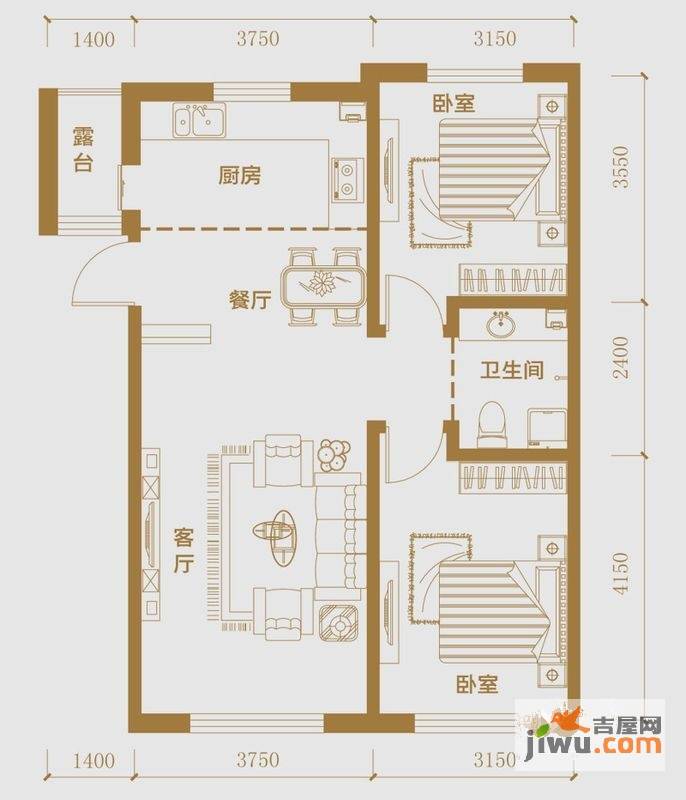 多恩虹郡2室2厅1卫90㎡户型图