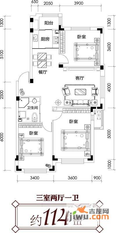 尊誉东方3室2厅1卫114㎡户型图