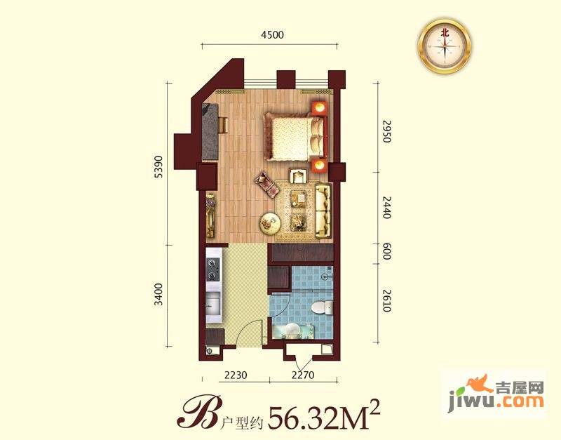 盈泰国际1室1厅1卫56.3㎡户型图