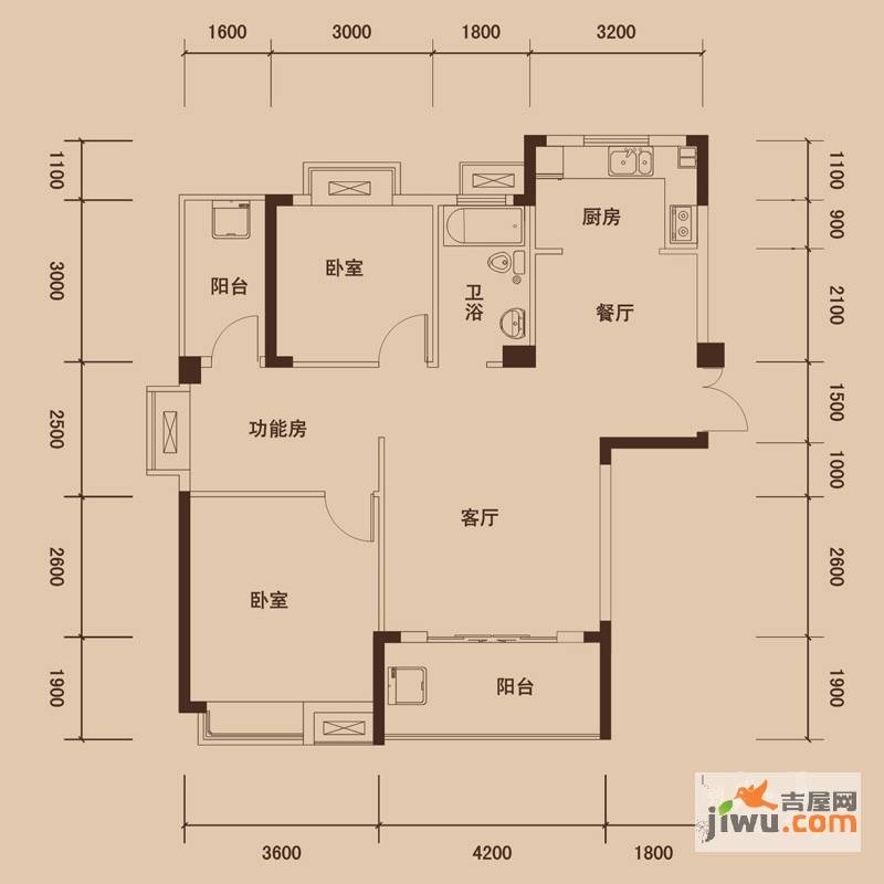 联泰香域中央2室2厅1卫102㎡户型图