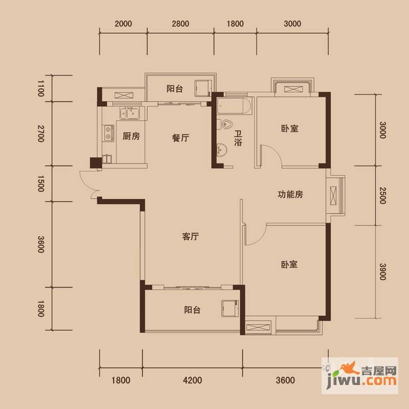 联泰香域中央2室2厅1卫100㎡户型图