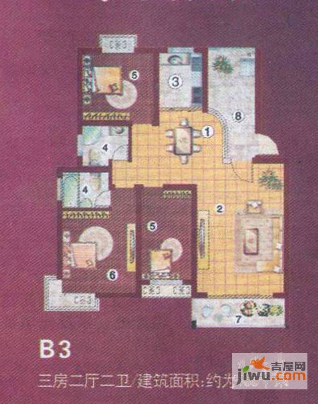 金桥慧景七彩时光3室2厅2卫108㎡户型图