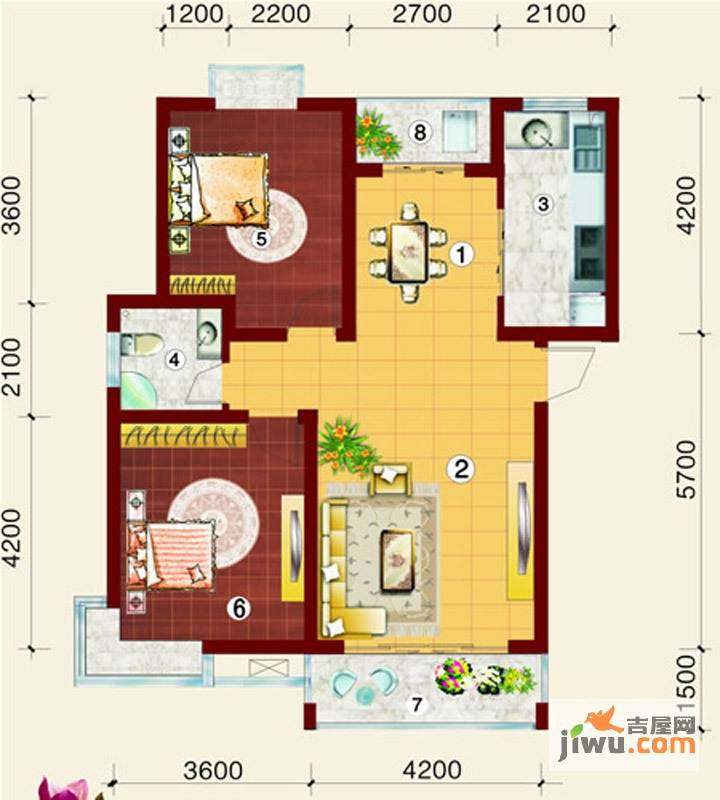 金桥慧景七彩时光2室2厅1卫90㎡户型图