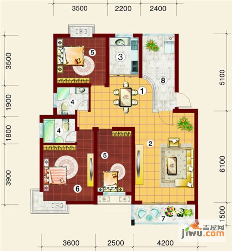 金桥慧景七彩时光3室2厅2卫108㎡户型图