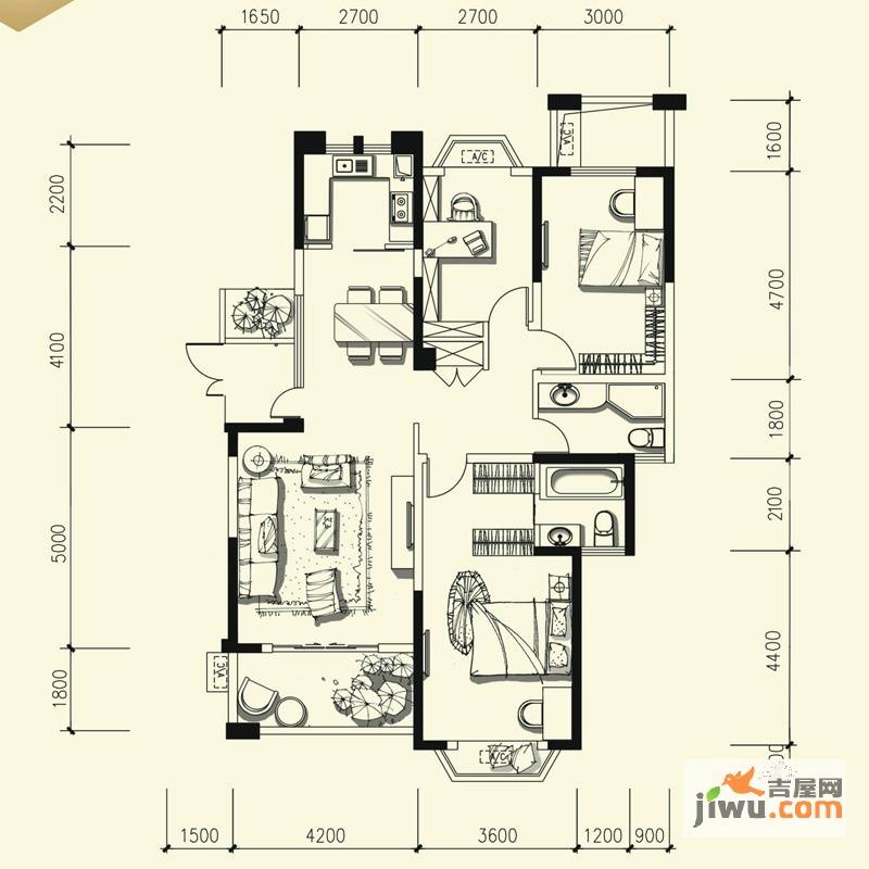 皇冠国际3室2厅2卫132.3㎡户型图