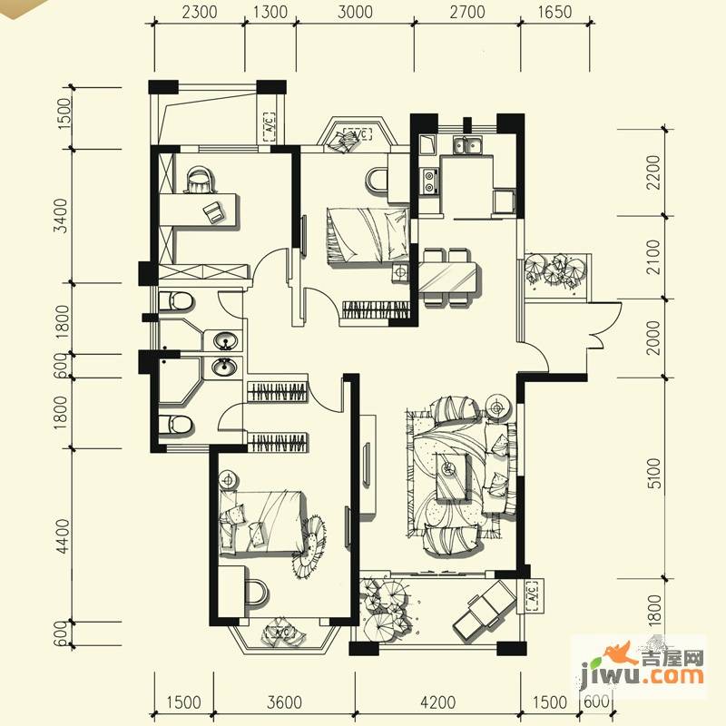 皇冠国际3室2厅2卫133.5㎡户型图