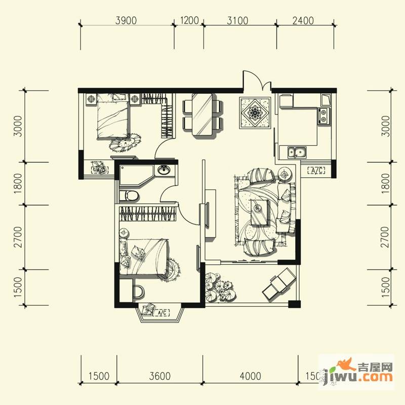 皇冠国际2室2厅1卫92.9㎡户型图