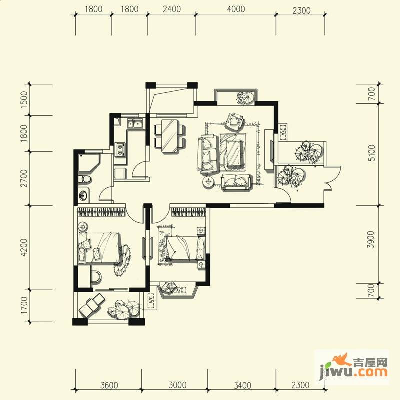 皇冠国际2室2厅1卫96.5㎡户型图