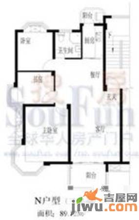 华达金沙逸都3室2厅1卫89.1㎡户型图