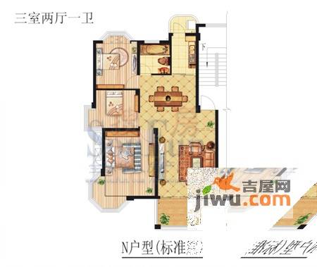 华达金沙逸都3室2厅1卫89.1㎡户型图