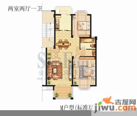 华达金沙逸都2室2厅1卫86.5㎡户型图