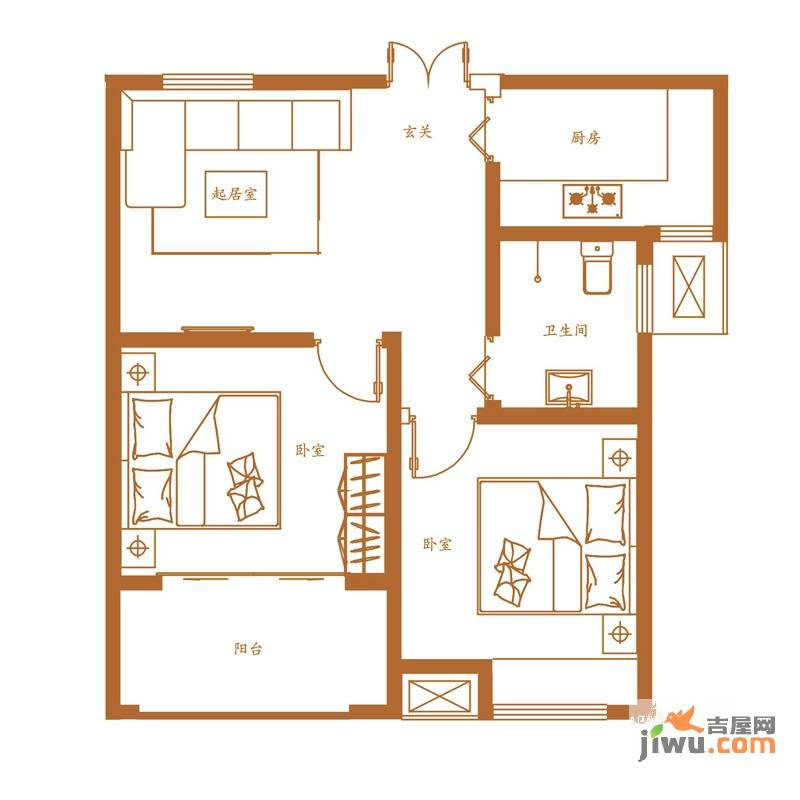 绿地海域香廷2室1厅1卫66㎡户型图