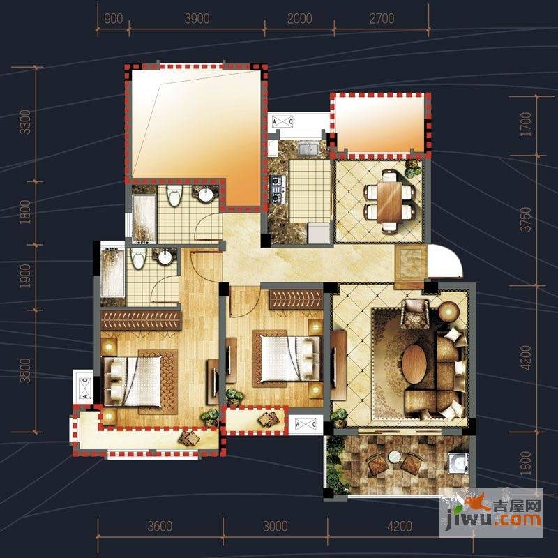 保集半岛2室2厅2卫87.8㎡户型图