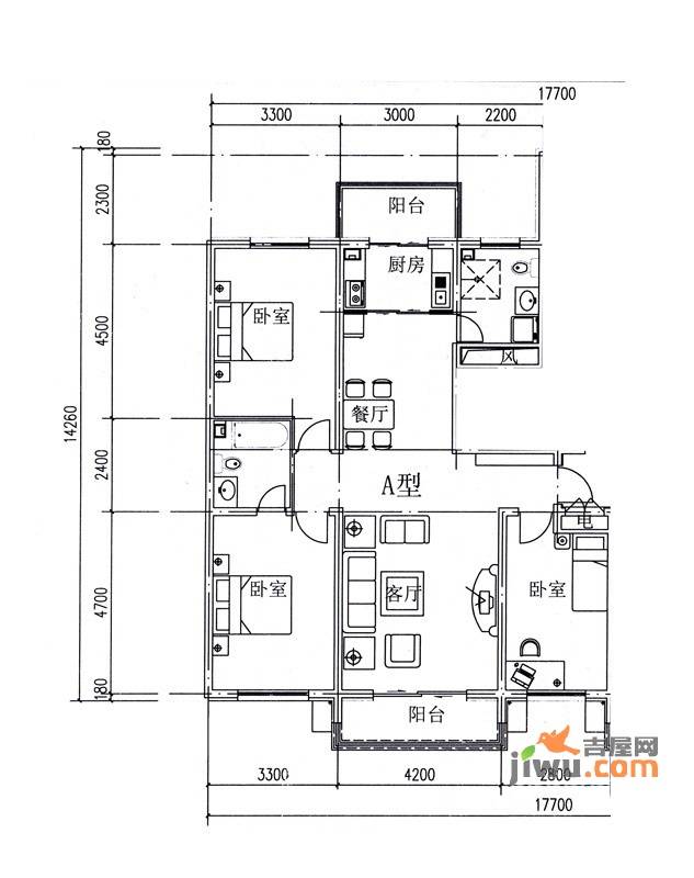 金港国际静园3室2厅2卫131.2㎡户型图