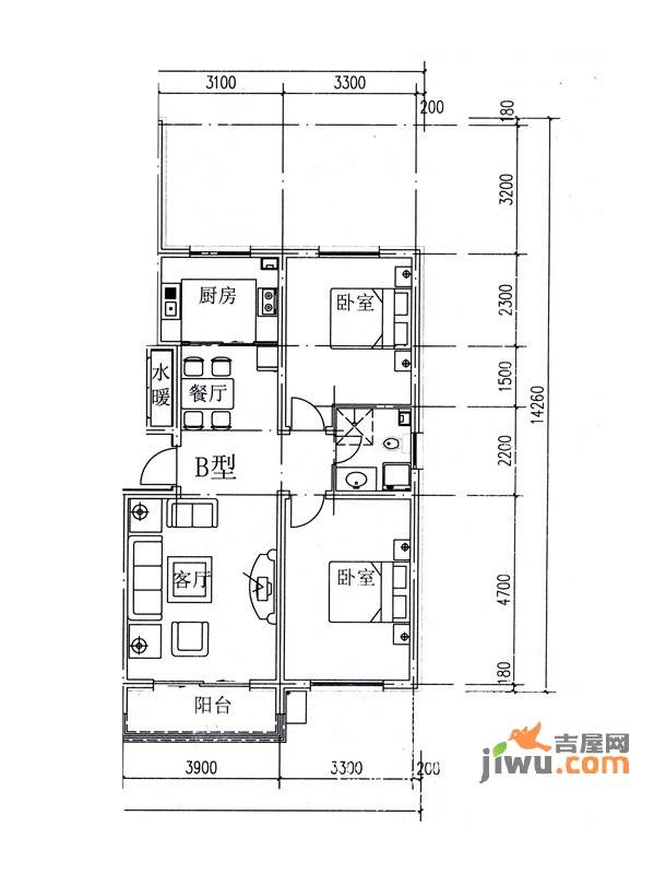 金港国际静园2室2厅1卫112.7㎡户型图