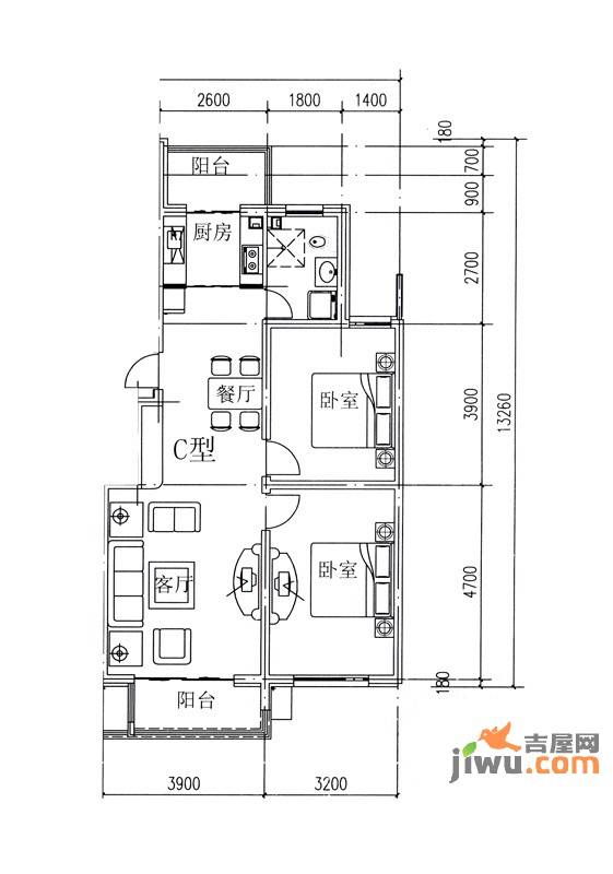 金港国际静园2室2厅1卫86.9㎡户型图