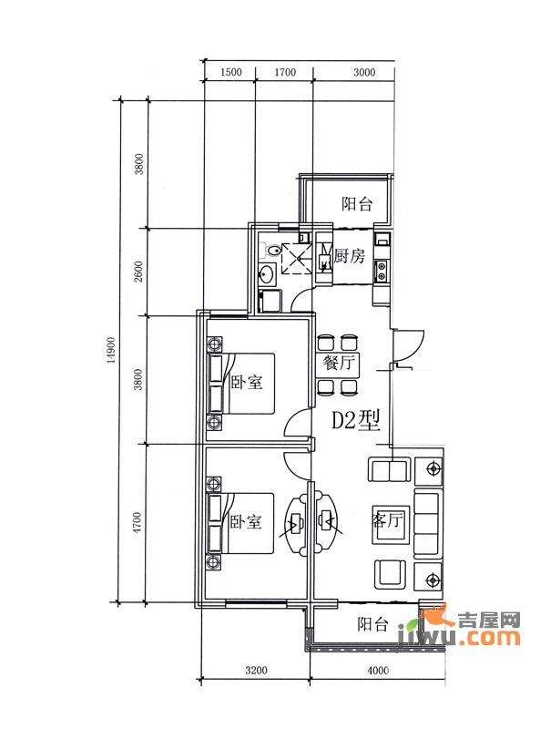 金港国际静园2室2厅1卫102.4㎡户型图