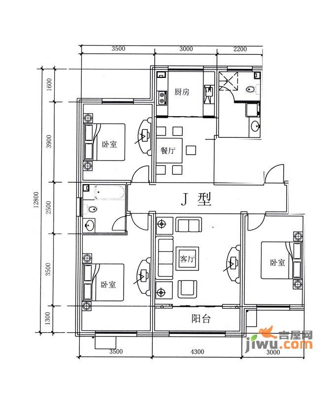 金港国际静园3室2厅2卫138.2㎡户型图