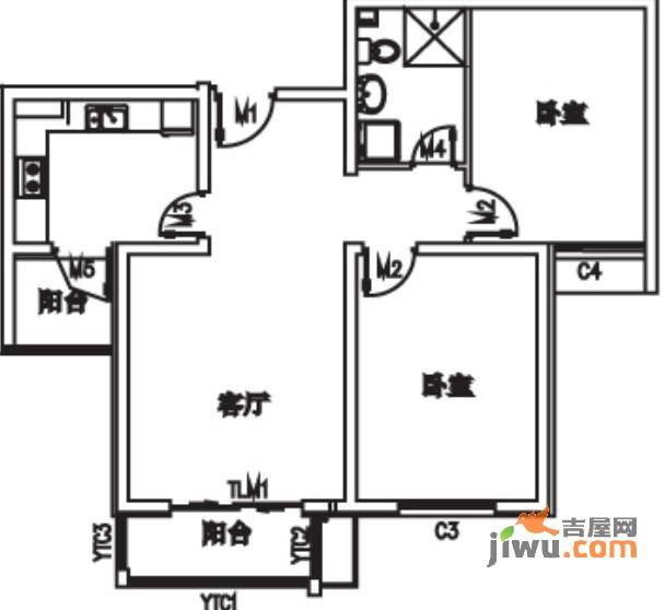 滨海名居2室2厅1卫90㎡户型图